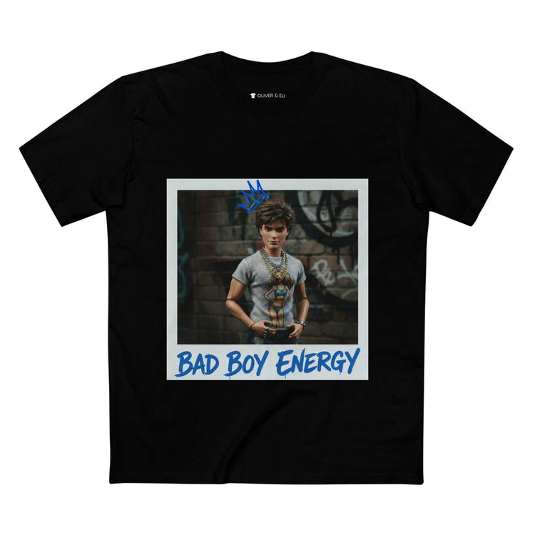 Bad Boy Energy Tee by Oliver & Eli – white cotton t-shirt with graffiti print and bold artistic design.