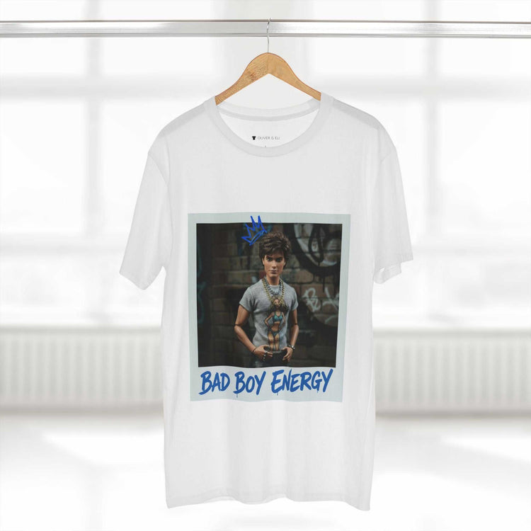 Bad Boy Energy Tee by Oliver & Eli – white cotton t-shirt with graffiti print and bold artistic design.