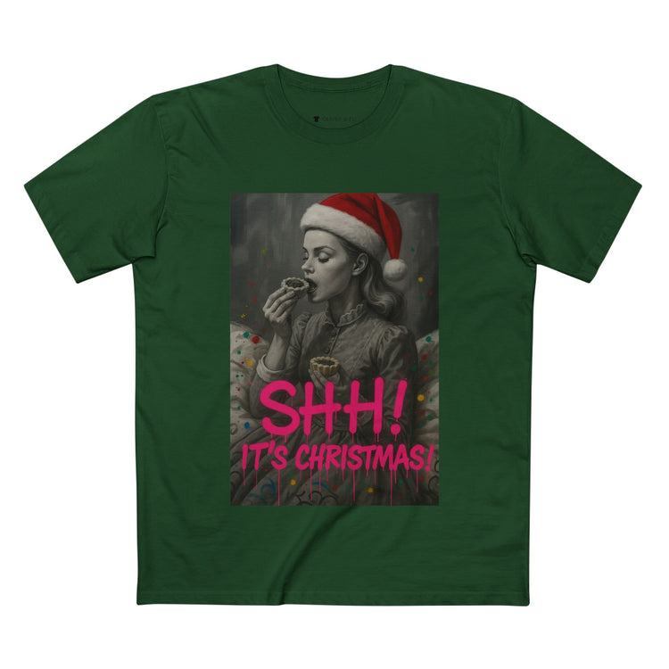 Model wearing tee from Oliver & Eli’s Sleigh Season collection — premium cotton Christmas t-shirt with graffiti print and festive design.