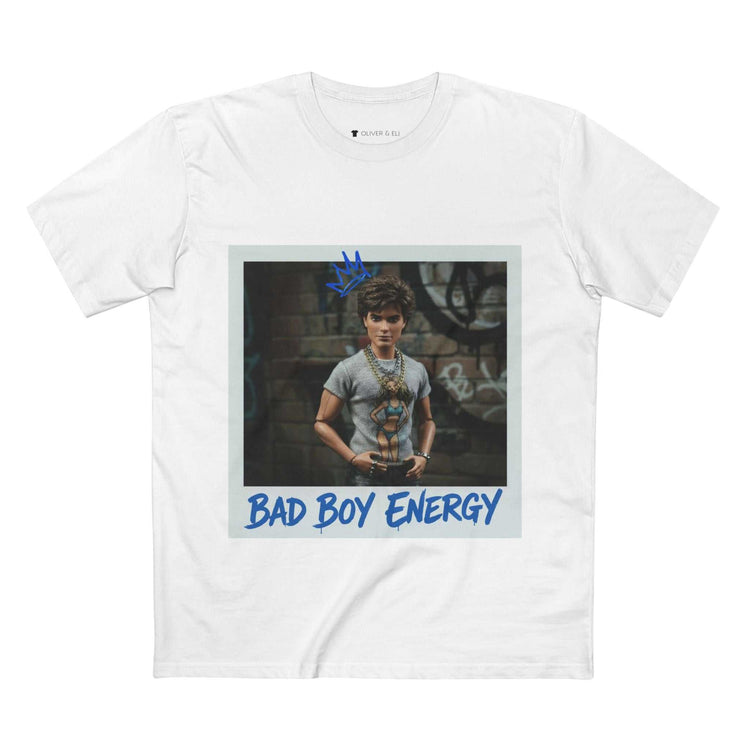 Bad Boy Energy Tee by Oliver & Eli – white cotton t-shirt with graffiti print and bold artistic design.