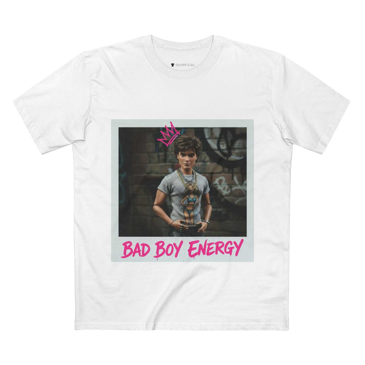 Bad Boy Energy Tee by Oliver & Eli – white cotton t-shirt with graffiti print and bold artistic design.
