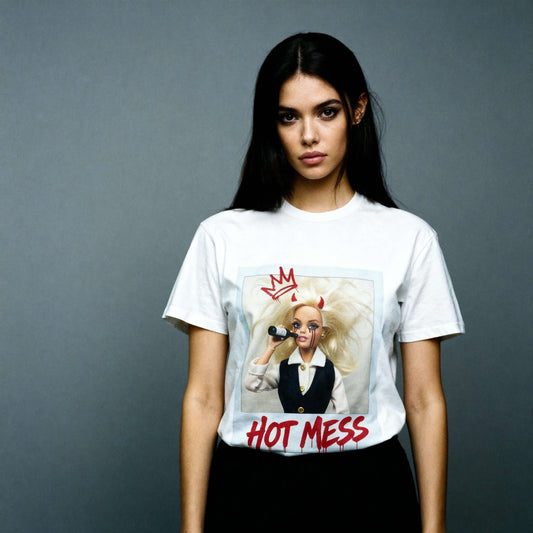 Model wearing Oliver & Eli premium statement t-shirt – bold style wearable art