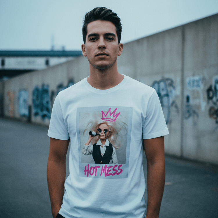 Model wearing Oliver & Eli premium statement t-shirt – bold style wearable art