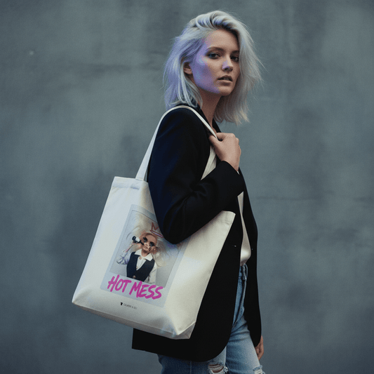 Model wearing Oliver & Eli premium statement tote – bold style wearable art
