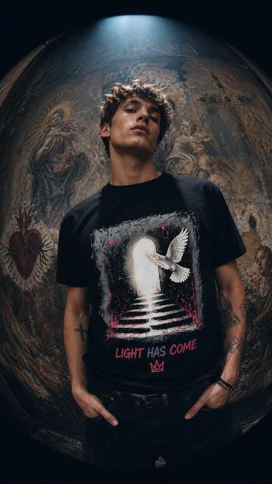 Christian faith graphic t-shirt worn by model with bold print