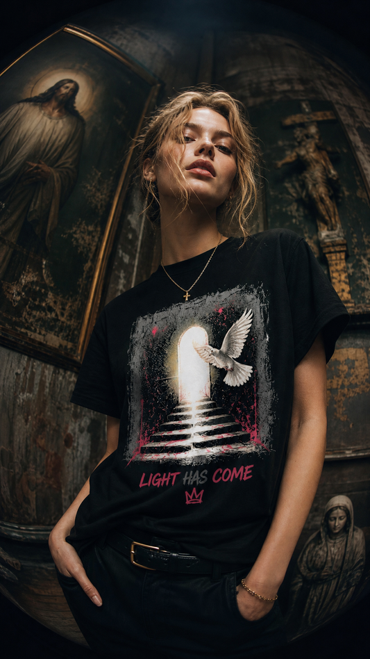 Christian faith graphic t-shirt worn by model with bold print