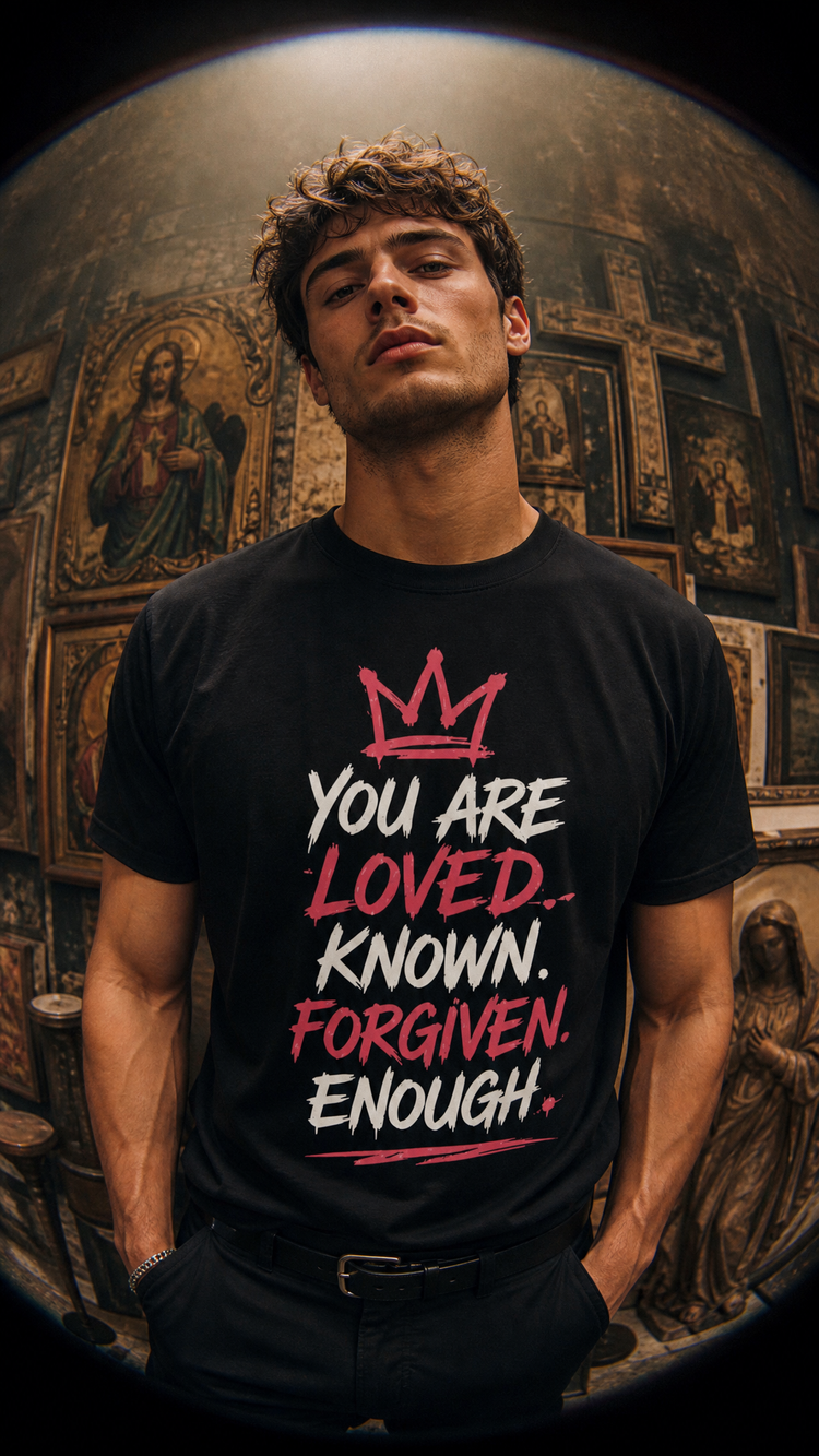 Christian faith graphic t-shirt worn by model with bold print