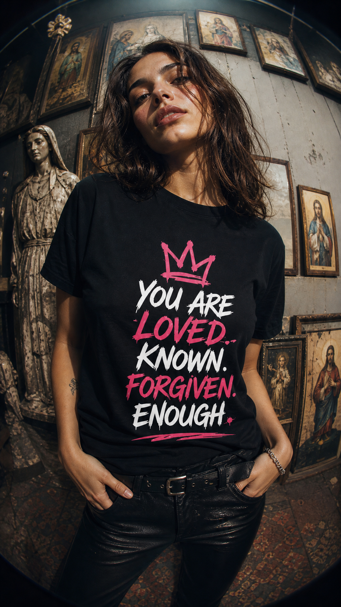 Christian faith graphic t-shirt worn by model with bold print