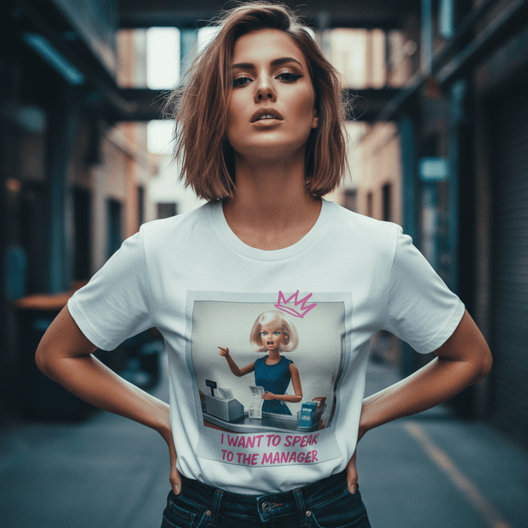 Model wearing Oliver & Eli premium statement t-shirt – bold style wearable art