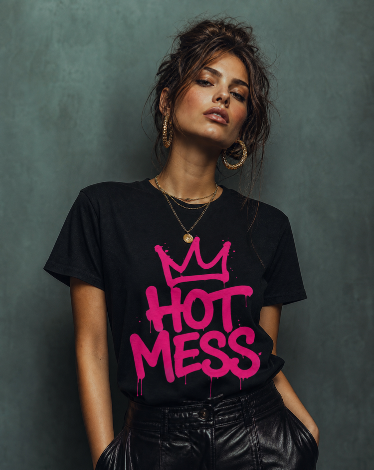 Hot Mess Energy graphic t-shirt with oversized pink graffiti lettering