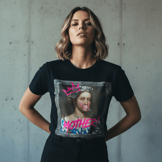 Model wearing Oliver & Eli premium statement t-shirt – bold style wearable art