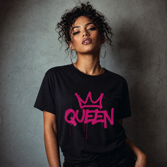 Queen Crown graphic t-shirt with pink graffiti typography and crown artwork