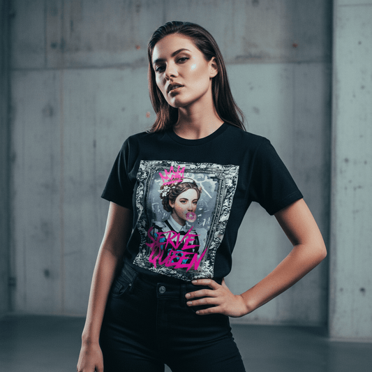 Model wearing Oliver & Eli premium statement t-shirt – bold style wearable art