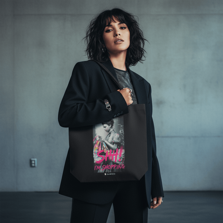 Model wearing Oliver & Eli premium statement tote – bold style wearable art