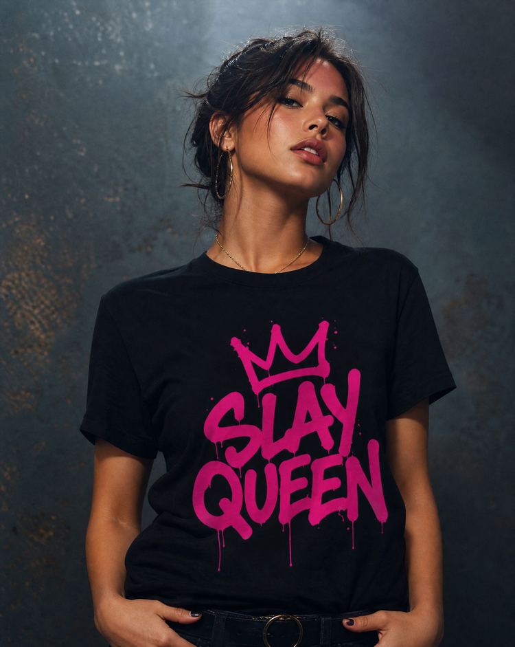 Slay Mode graphic t-shirt with pink graffiti lettering and crown icon