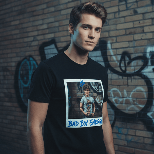 Bad Boy Energy Tee by Oliver & Eli – white cotton t-shirt with graffiti print and bold artistic design.