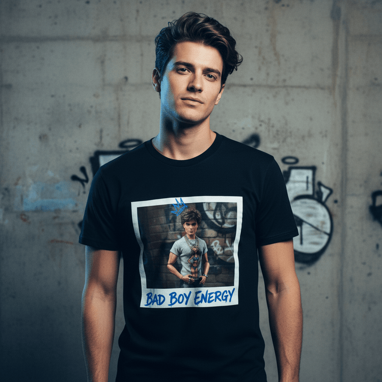 Bad Boy Energy Tee by Oliver & Eli – white cotton t-shirt with graffiti print and bold artistic design.