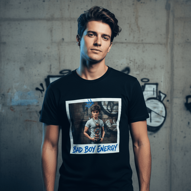 Bad Boy Energy Tee by Oliver & Eli – white cotton t-shirt with graffiti print and bold artistic design.