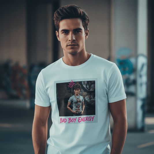 Bad Boy Energy Tee by Oliver & Eli – white cotton t-shirt with graffiti print and bold artistic design.