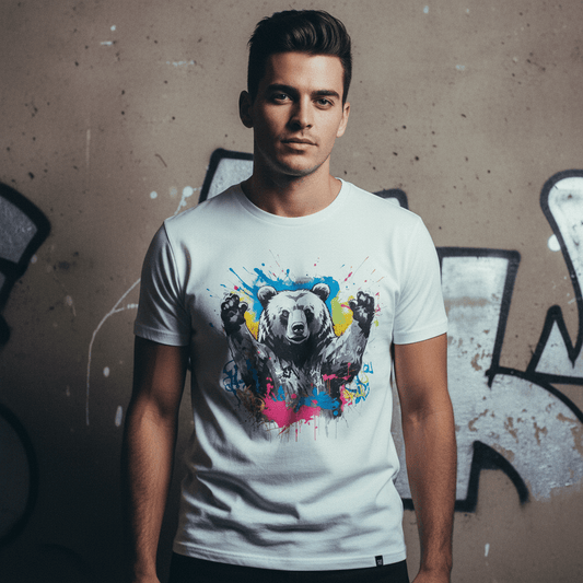 Model wearing Oliver & Eli premium statement t-shirt – bold style wearable art