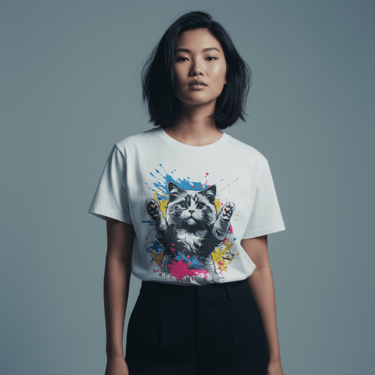 Model wearing Oliver & Eli premium statement t-shirt – bold style wearable art