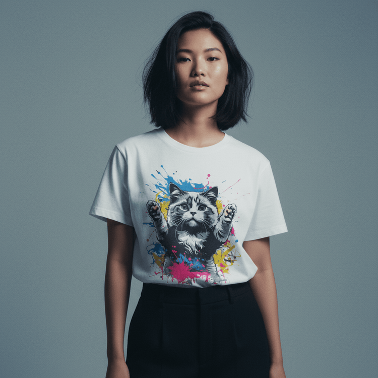 Model wearing Oliver & Eli premium statement t-shirt – bold style wearable art