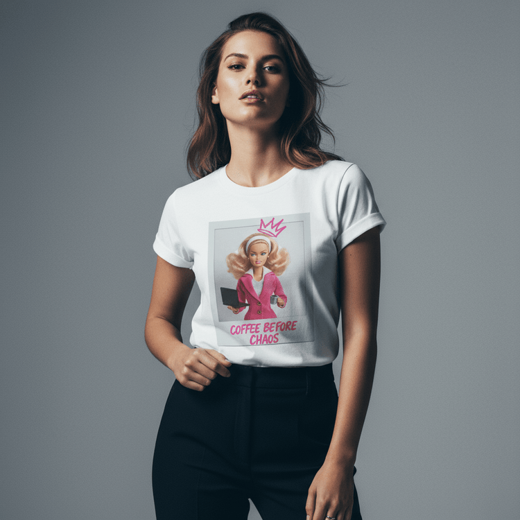 Model wearing Oliver & Eli premium statement t-shirt – bold style wearable art