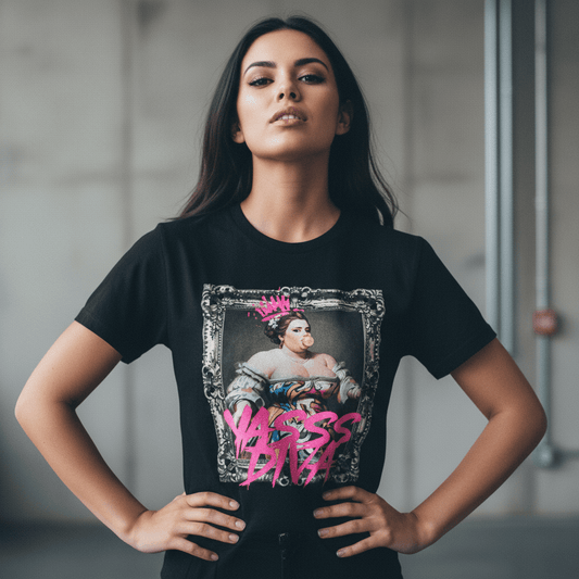 Model wearing Oliver & Eli premium statement t-shirt – bold style wearable art