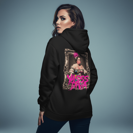 Model wearing Oliver & Eli premium statement hoodie – bold style wearable art