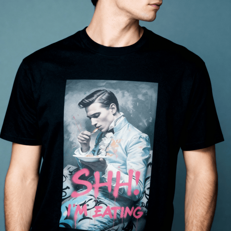 Model wearing Oliver & Eli premium statement t-shirt – bold style wearable art
