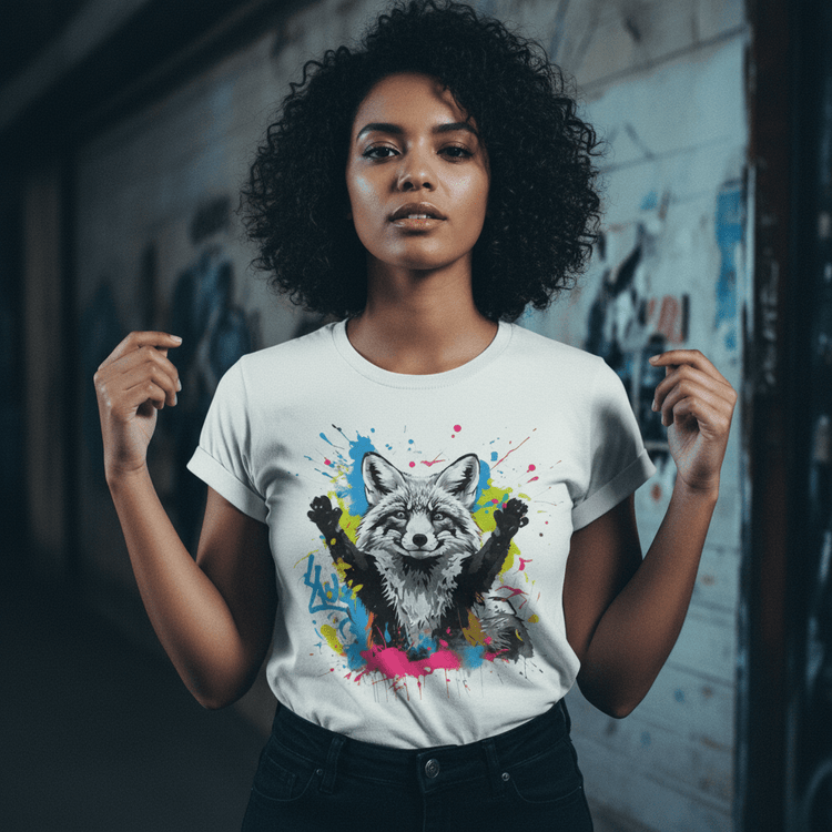 Model wearing Oliver & Eli premium statement t-shirt – bold style wearable art