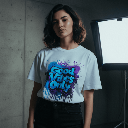 Model wearing Oliver & Eli premium statement t-shirt – bold style wearable art