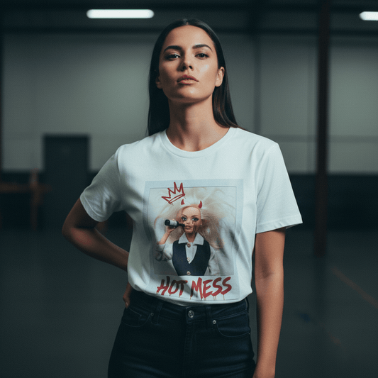 Model wearing Oliver & Eli premium statement t-shirt – bold style wearable art