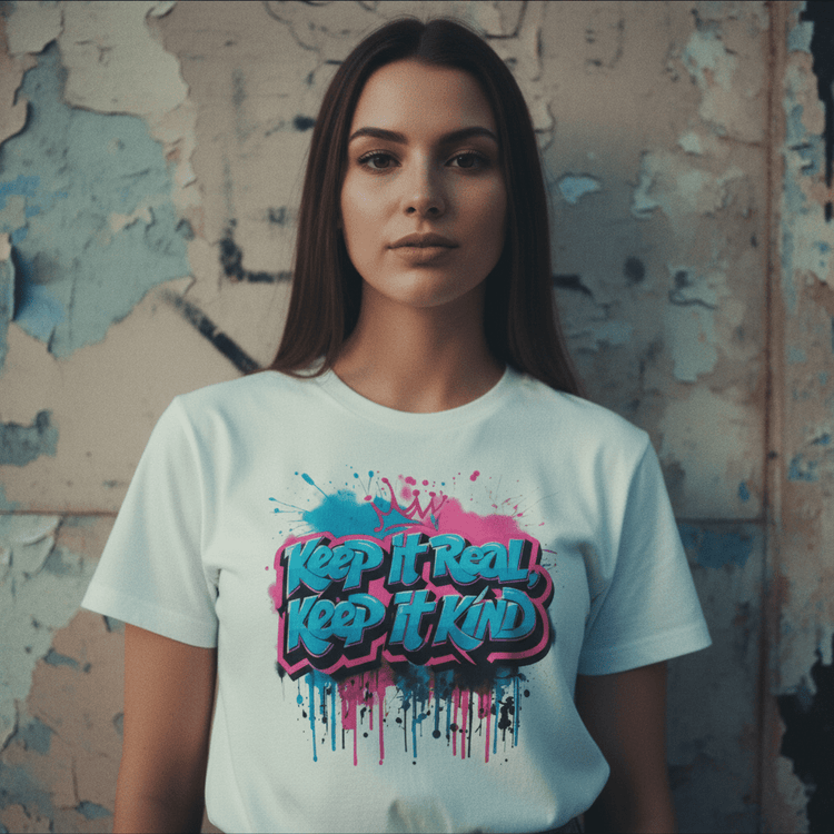 Model wearing Oliver & Eli premium statement t-shirt – bold style wearable art