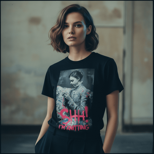 Model wearing Oliver & Eli premium statement t-shirt – bold style wearable art