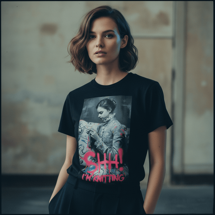 Model wearing Oliver & Eli premium statement t-shirt – bold style wearable art