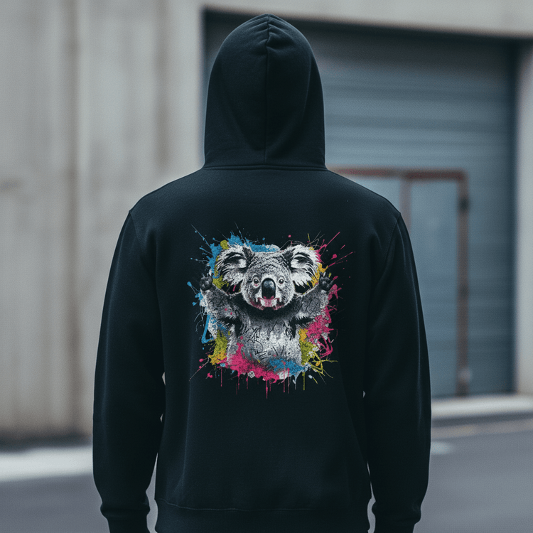 Model wearing Oliver & Eli premium statement hoodie – bold style wearable art