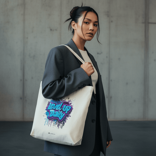 Model wearing Oliver & Eli premium statement tote – bold style wearable art