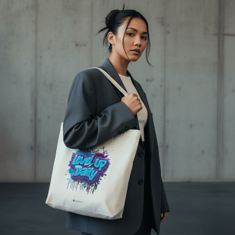 Model wearing Oliver & Eli premium statement tote – bold style wearable art