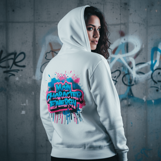 Model wearing Oliver & Eli premium statement hoodie – bold style wearable art
