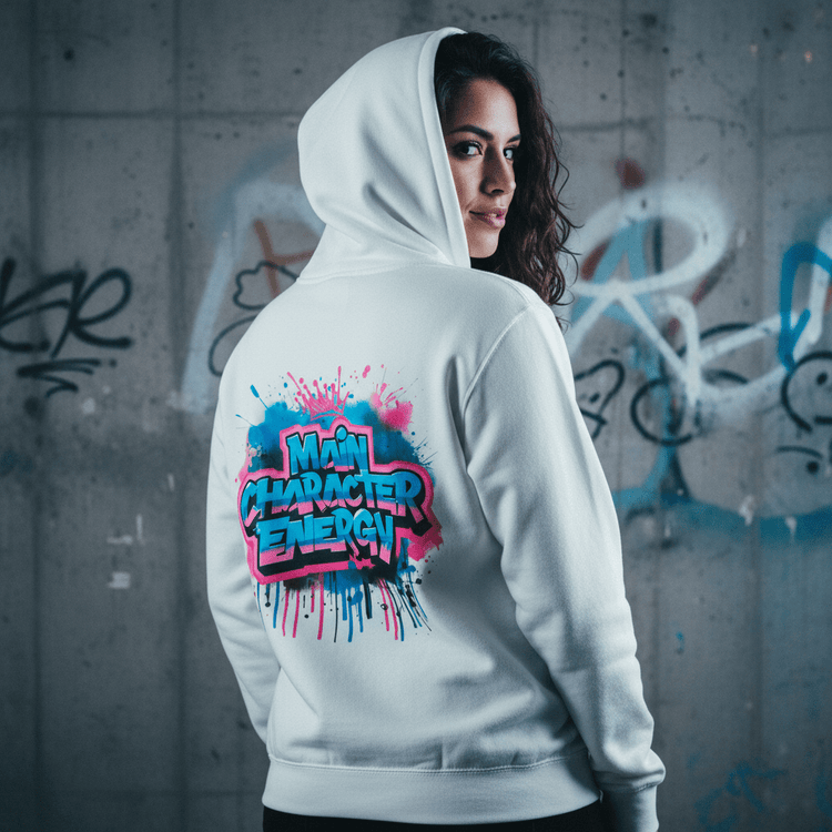 Model wearing Oliver & Eli premium statement hoodie – bold style wearable art