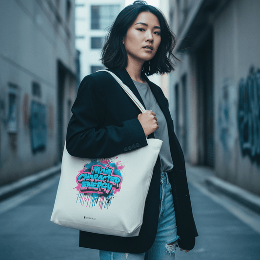 Model wearing Oliver & Eli premium statement tote – bold style wearable art