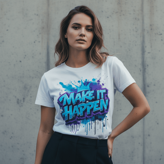 Model wearing Oliver & Eli premium statement t-shirt – bold style wearable art