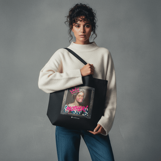 Model wearing Oliver & Eli premium statement tote – bold style wearable art