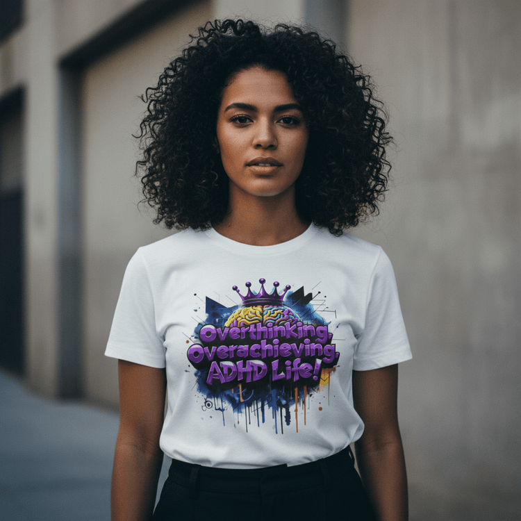 Model wearing Oliver & Eli premium statement t-shirt – bold style wearable art