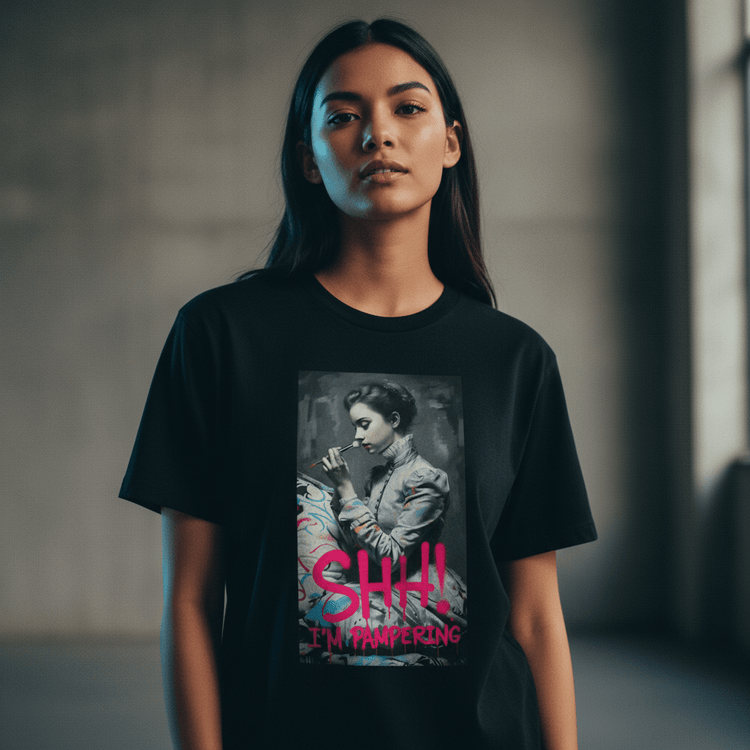 Model wearing Oliver & Eli premium statement t-shirt – bold style wearable art