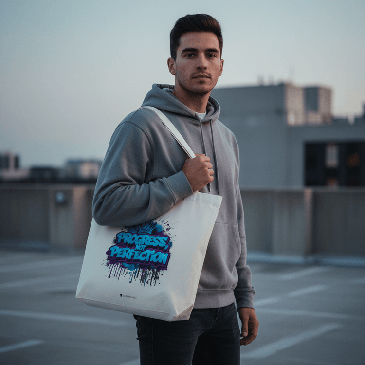 model wearing Oliver & Eli premium statement tote – bold style wearable art