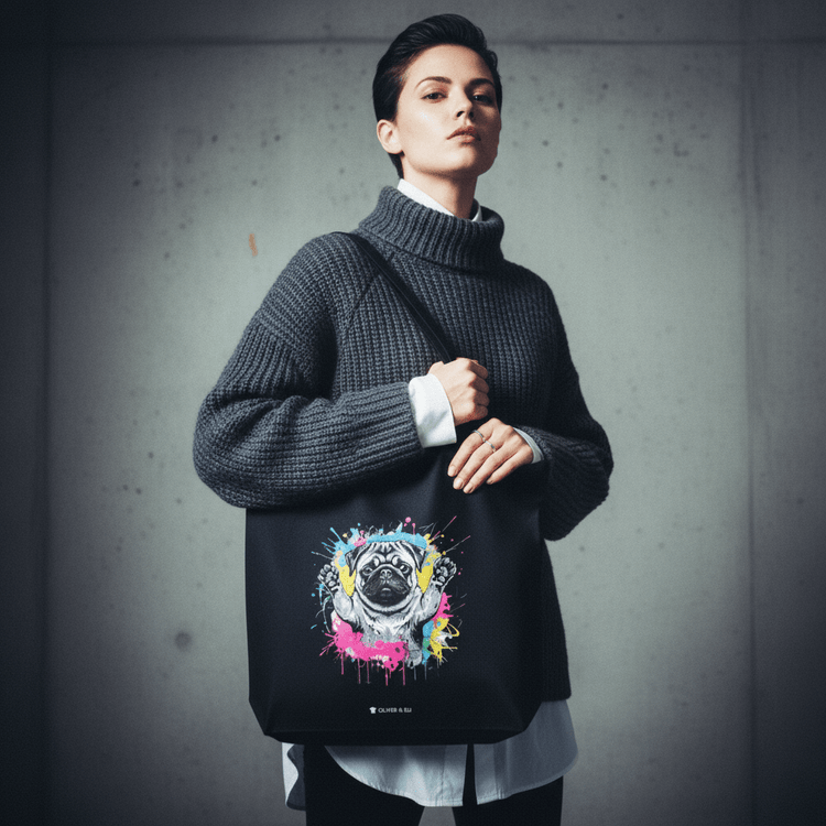 Model wearing Oliver & Eli premium statement tote – bold style wearable art