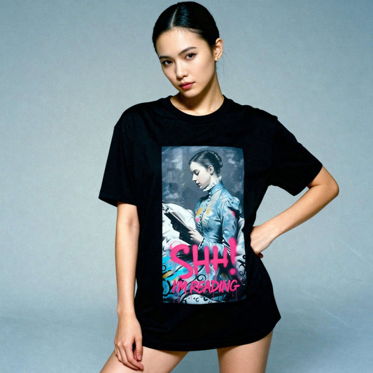 Model wearing Oliver & Eli premium statement t-shirt – bold style wearable art