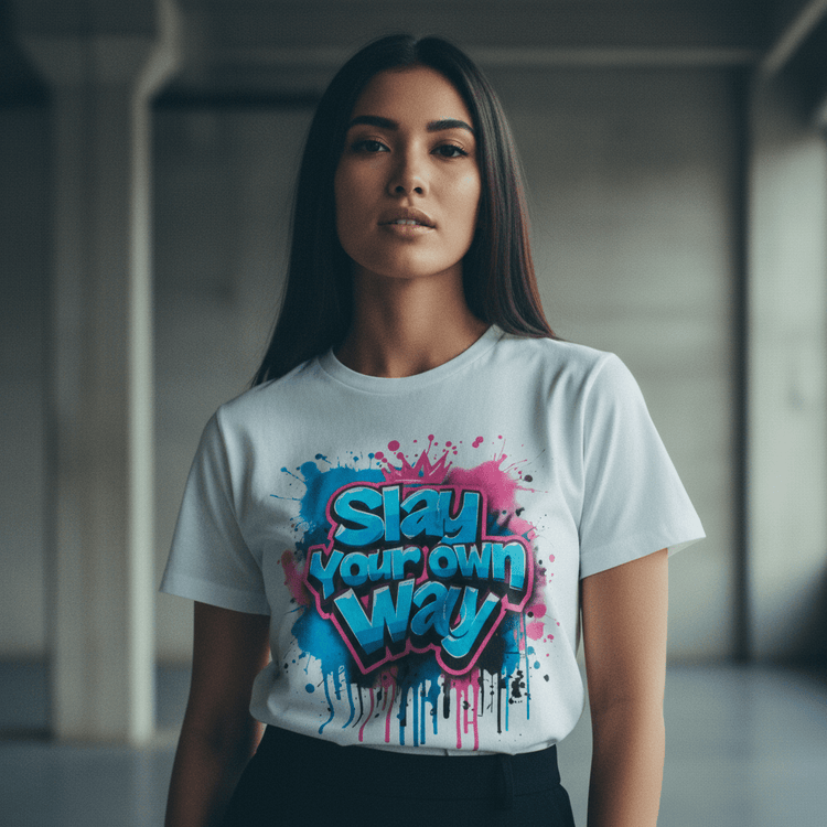 Model wearing Oliver & Eli premium statement tote – bold style wearable art